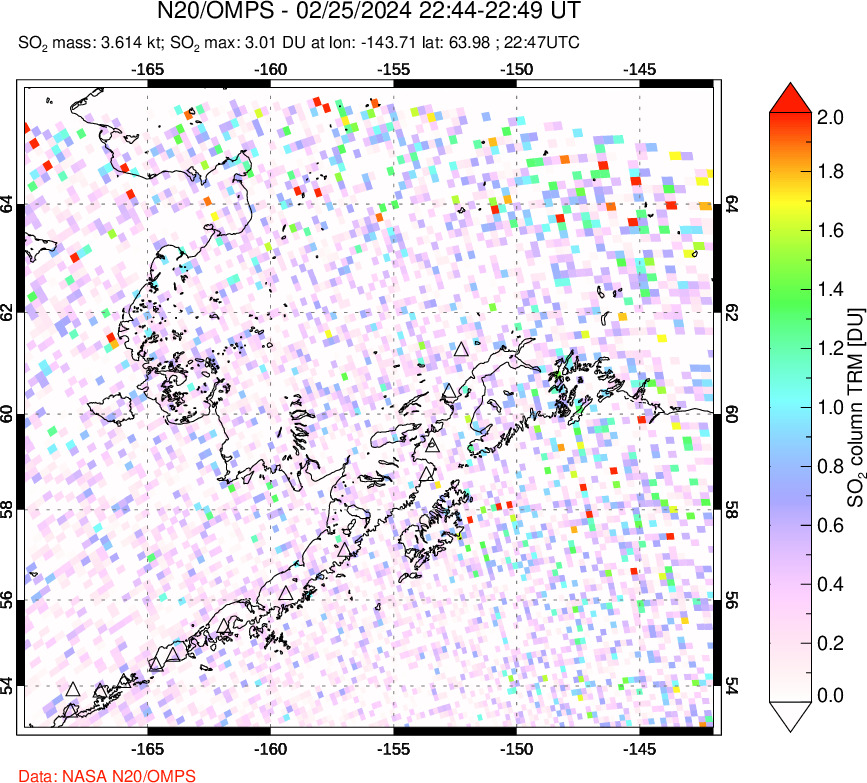 A sulfur dioxide image over Alaska, USA on Feb 25, 2024.