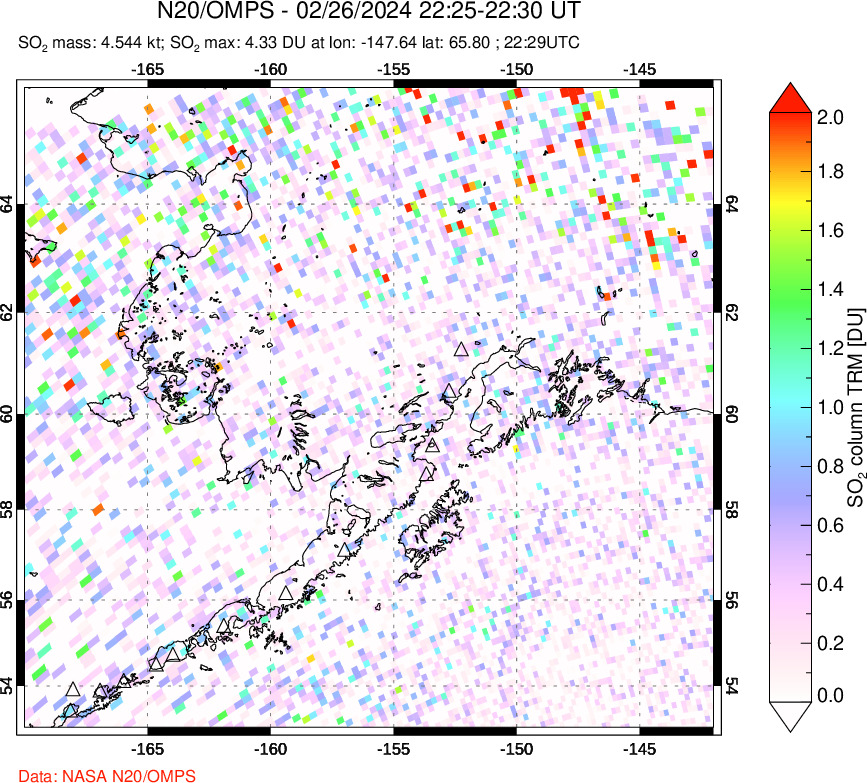 A sulfur dioxide image over Alaska, USA on Feb 26, 2024.