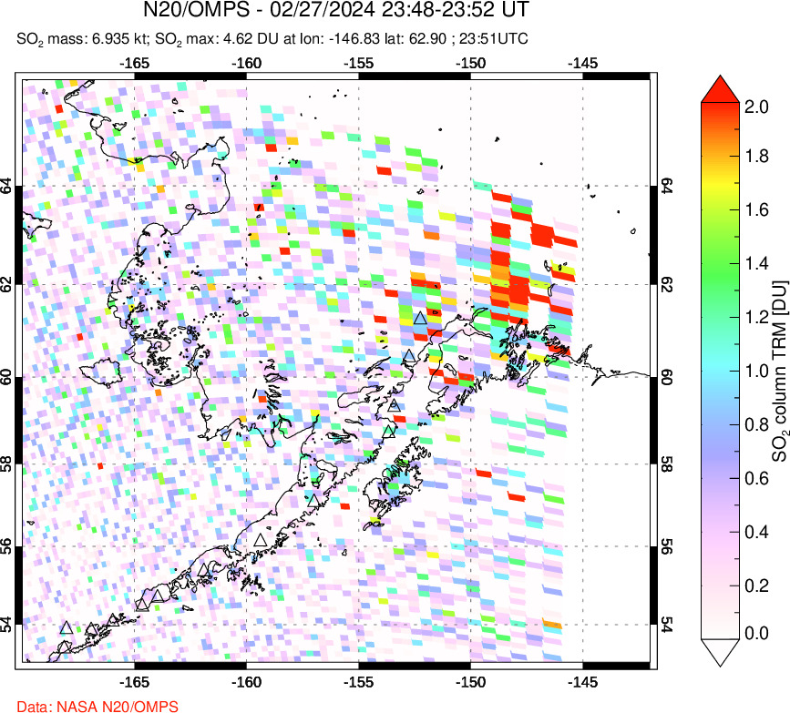 A sulfur dioxide image over Alaska, USA on Feb 27, 2024.