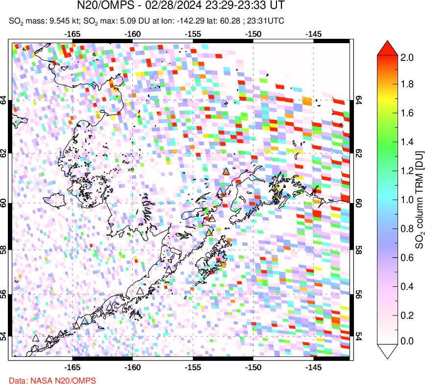 A sulfur dioxide image over Alaska, USA on Feb 28, 2024.