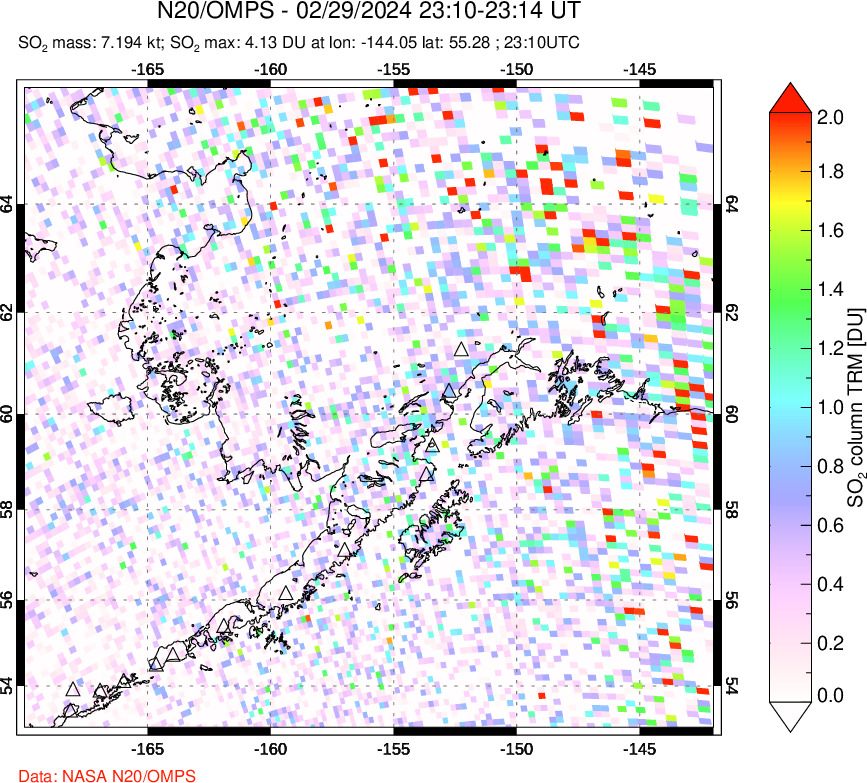 A sulfur dioxide image over Alaska, USA on Feb 29, 2024.