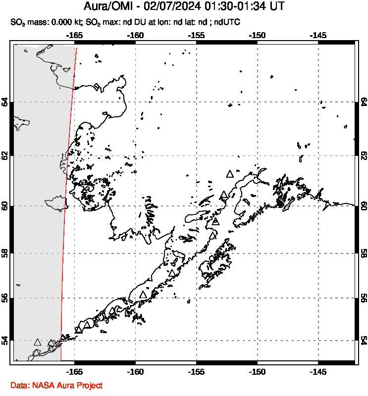 A sulfur dioxide image over Alaska, USA on Feb 07, 2024.