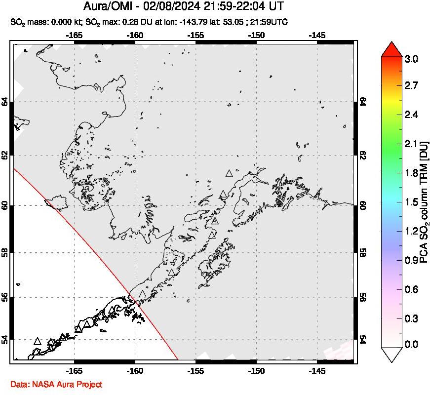 A sulfur dioxide image over Alaska, USA on Feb 08, 2024.