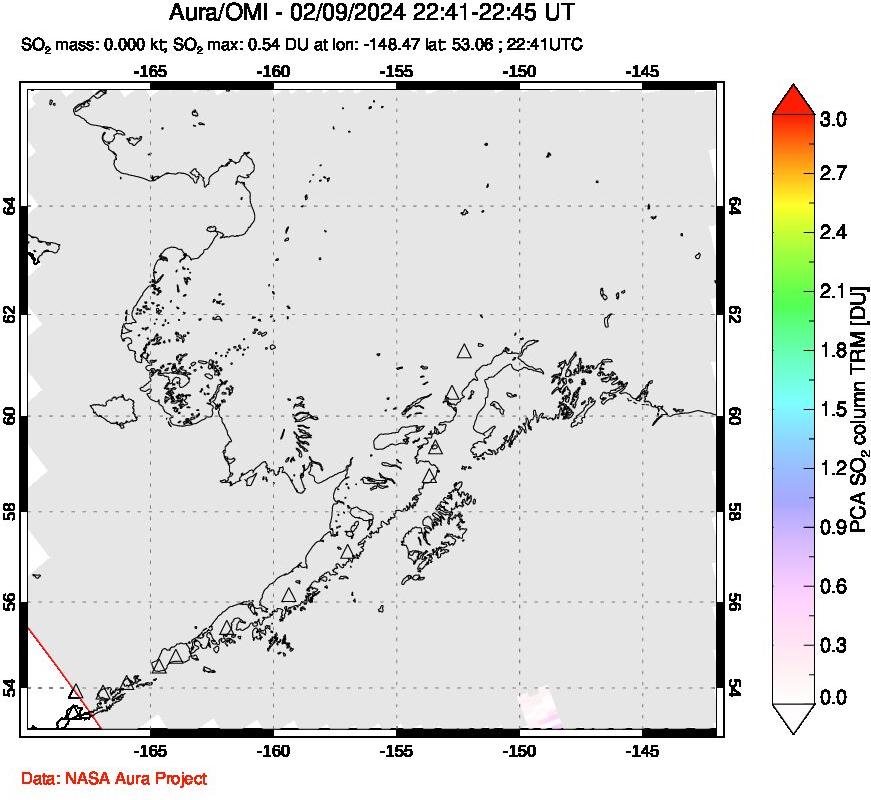 A sulfur dioxide image over Alaska, USA on Feb 09, 2024.
