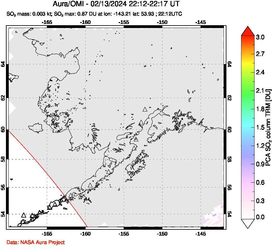 A sulfur dioxide image over Alaska, USA on Feb 13, 2024.