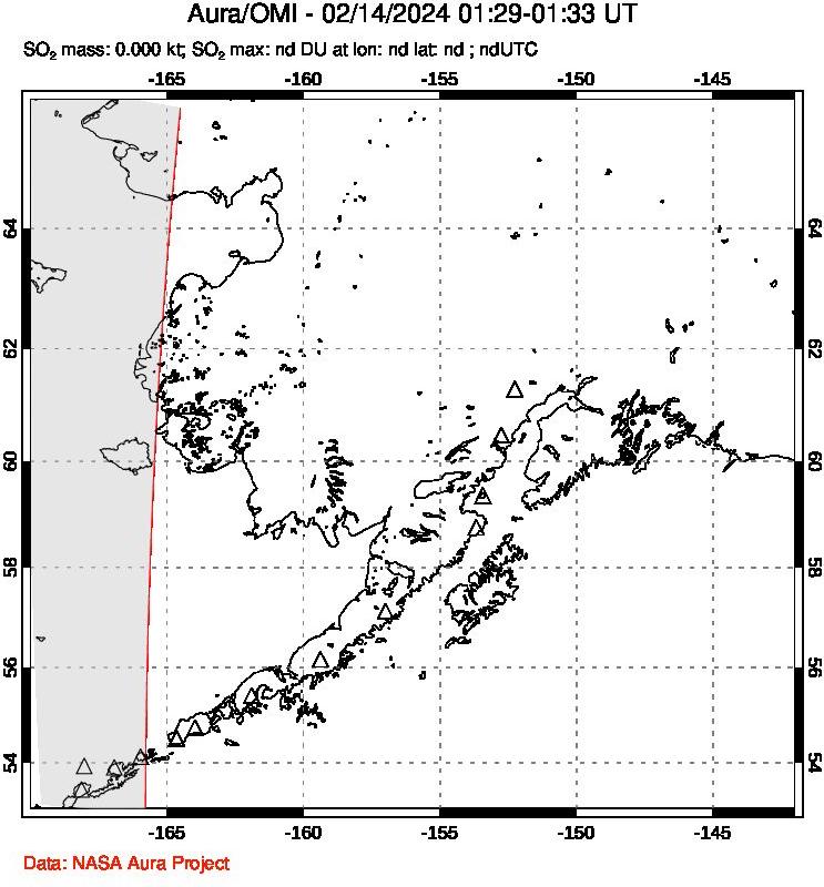 A sulfur dioxide image over Alaska, USA on Feb 14, 2024.