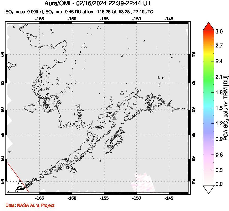 A sulfur dioxide image over Alaska, USA on Feb 16, 2024.