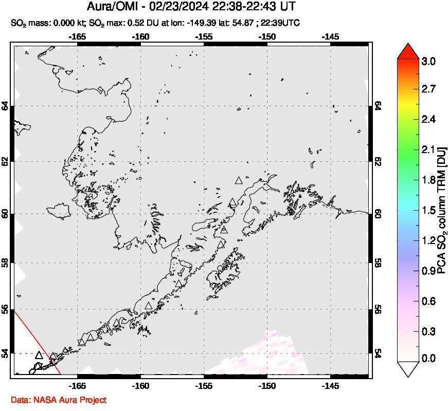 A sulfur dioxide image over Alaska, USA on Feb 23, 2024.