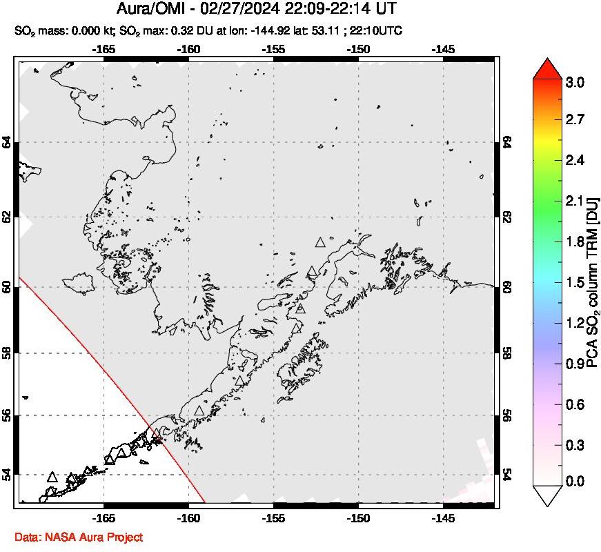 A sulfur dioxide image over Alaska, USA on Feb 27, 2024.