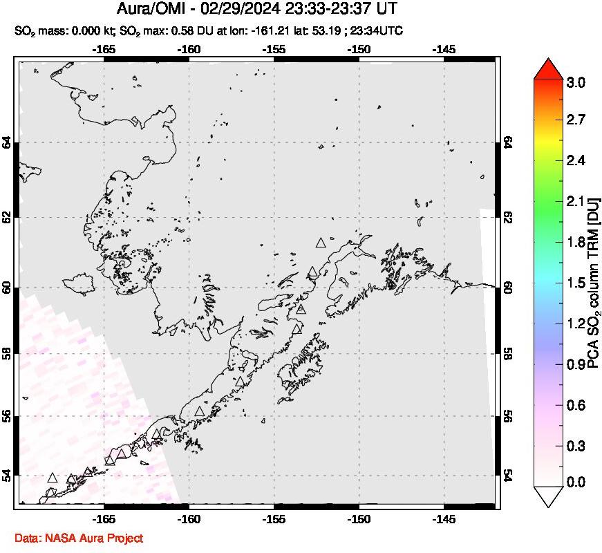 A sulfur dioxide image over Alaska, USA on Feb 29, 2024.