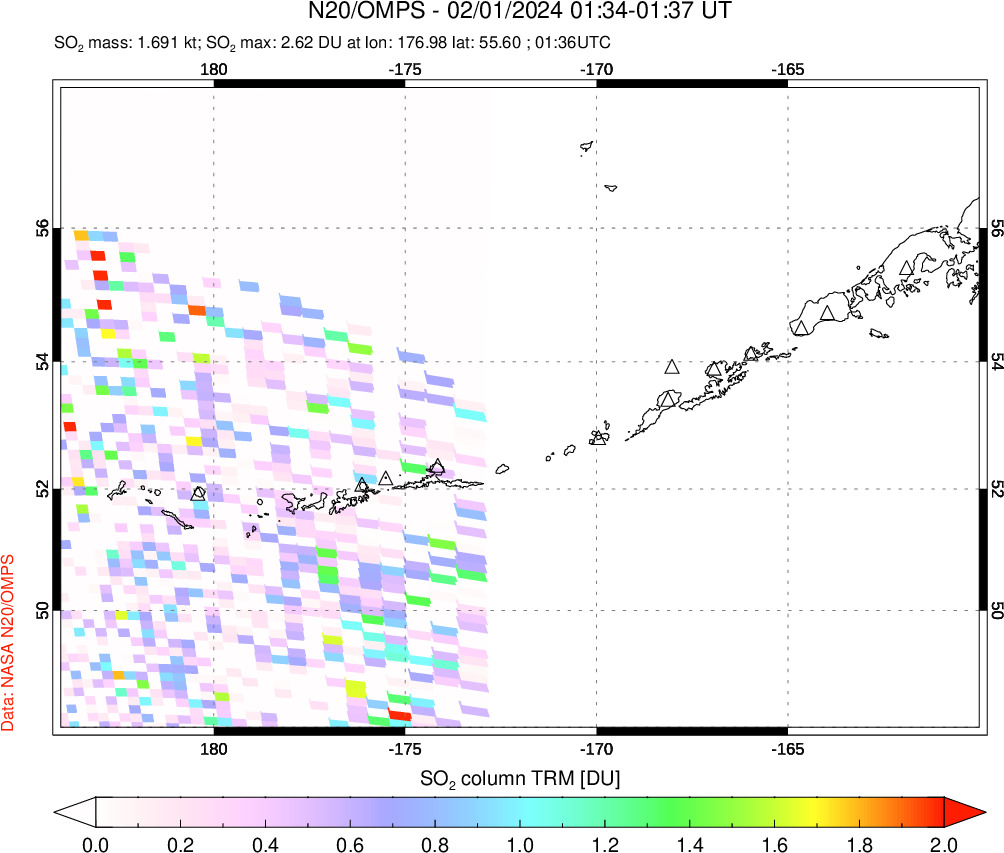 A sulfur dioxide image over Aleutian Islands, Alaska, USA on Feb 01, 2024.