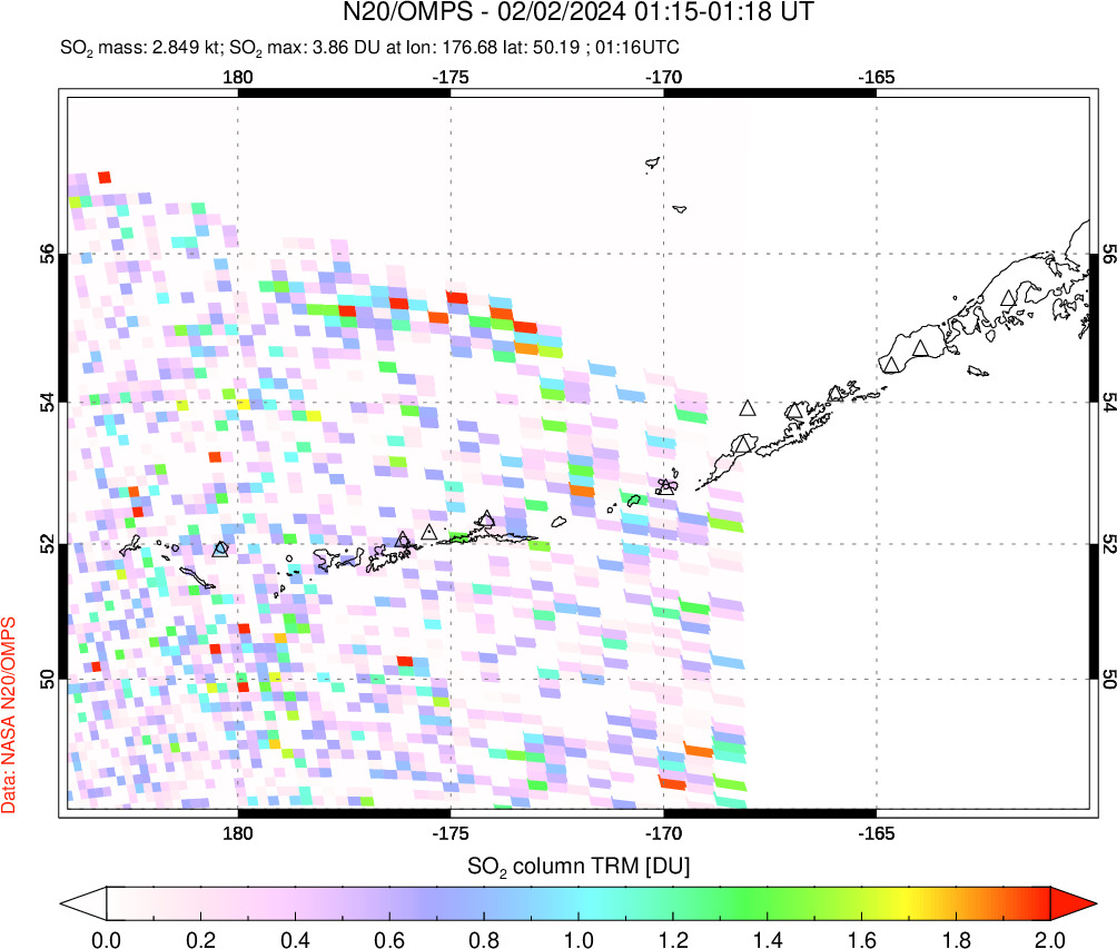 A sulfur dioxide image over Aleutian Islands, Alaska, USA on Feb 02, 2024.