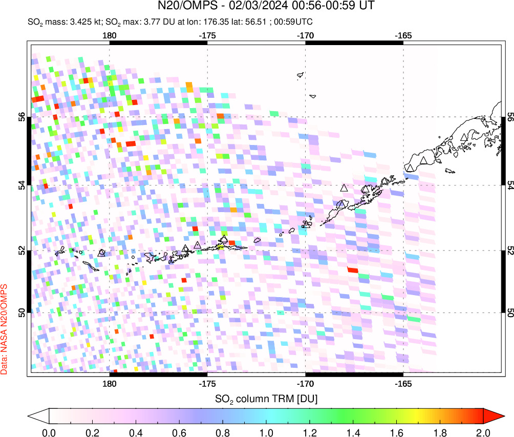 A sulfur dioxide image over Aleutian Islands, Alaska, USA on Feb 03, 2024.