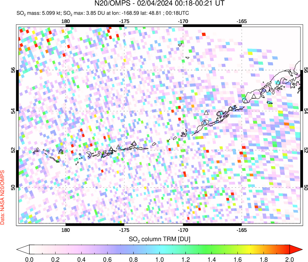 A sulfur dioxide image over Aleutian Islands, Alaska, USA on Feb 04, 2024.