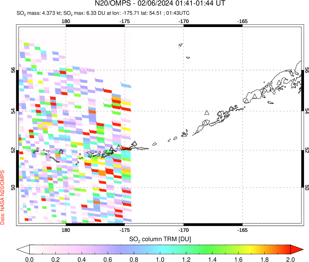 A sulfur dioxide image over Aleutian Islands, Alaska, USA on Feb 06, 2024.