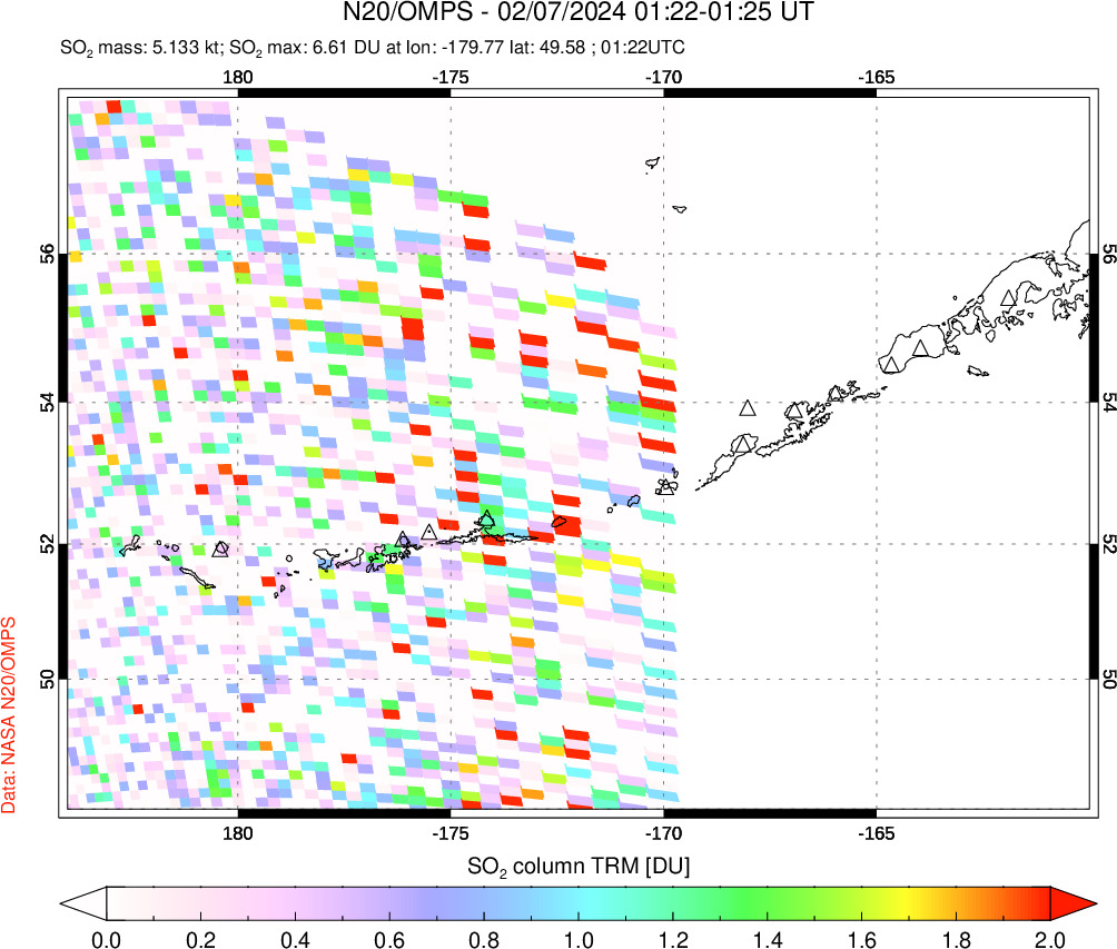 A sulfur dioxide image over Aleutian Islands, Alaska, USA on Feb 07, 2024.