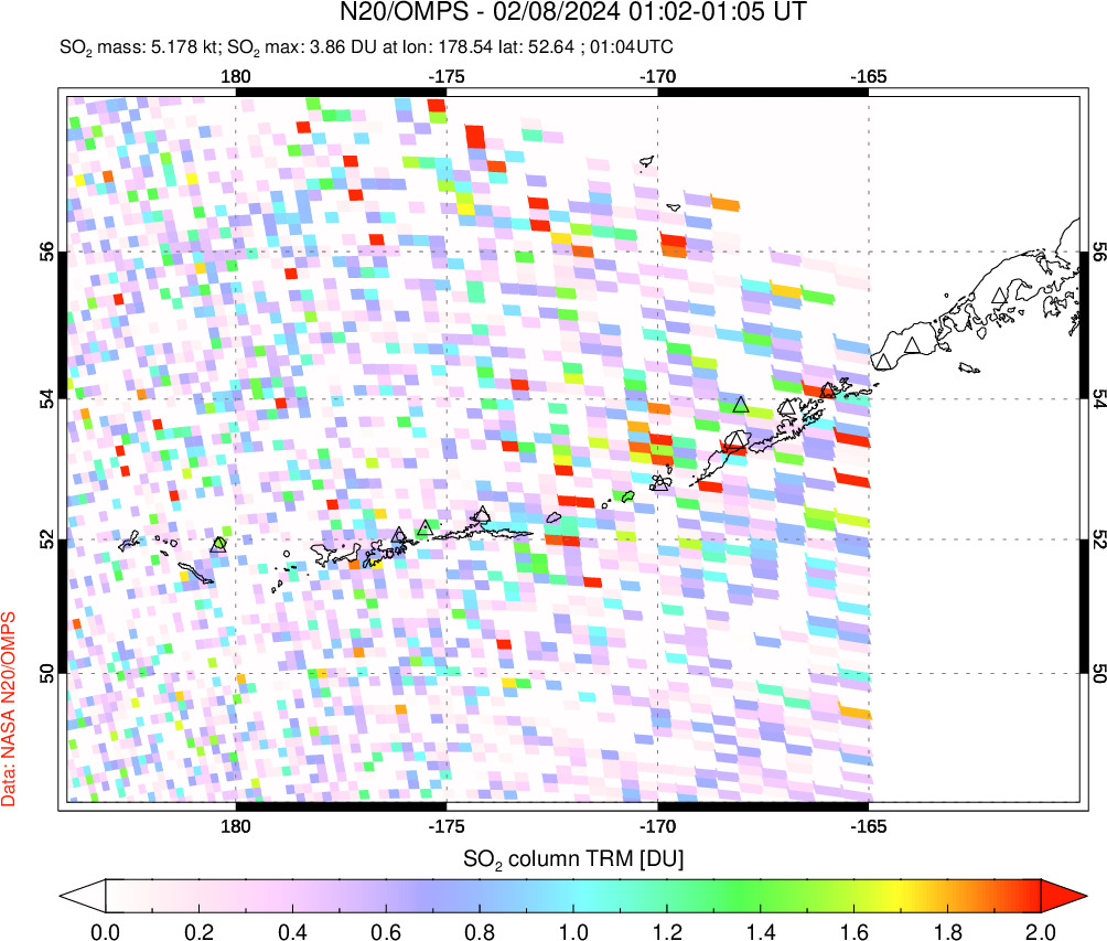 A sulfur dioxide image over Aleutian Islands, Alaska, USA on Feb 08, 2024.