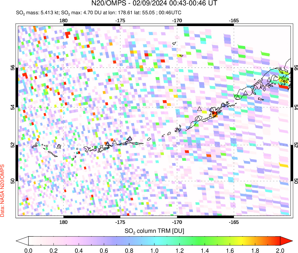 A sulfur dioxide image over Aleutian Islands, Alaska, USA on Feb 09, 2024.