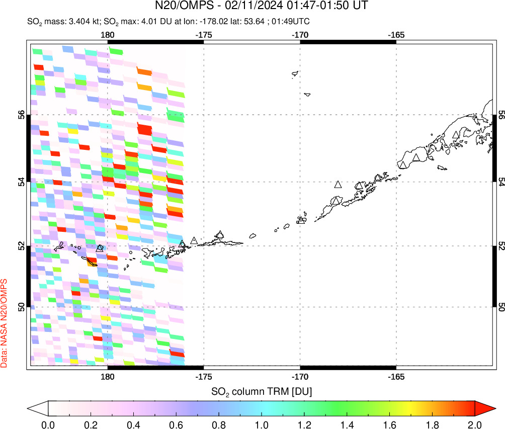 A sulfur dioxide image over Aleutian Islands, Alaska, USA on Feb 11, 2024.