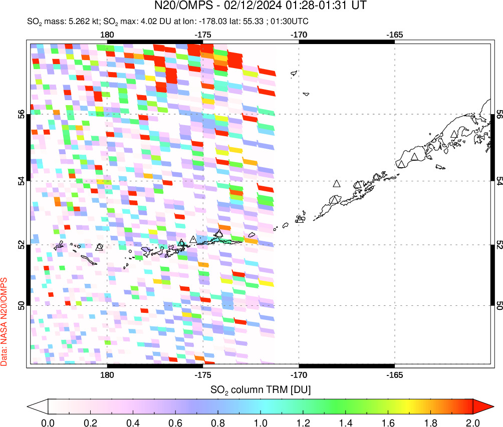 A sulfur dioxide image over Aleutian Islands, Alaska, USA on Feb 12, 2024.