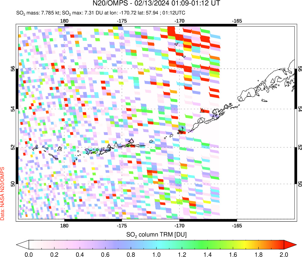 A sulfur dioxide image over Aleutian Islands, Alaska, USA on Feb 13, 2024.