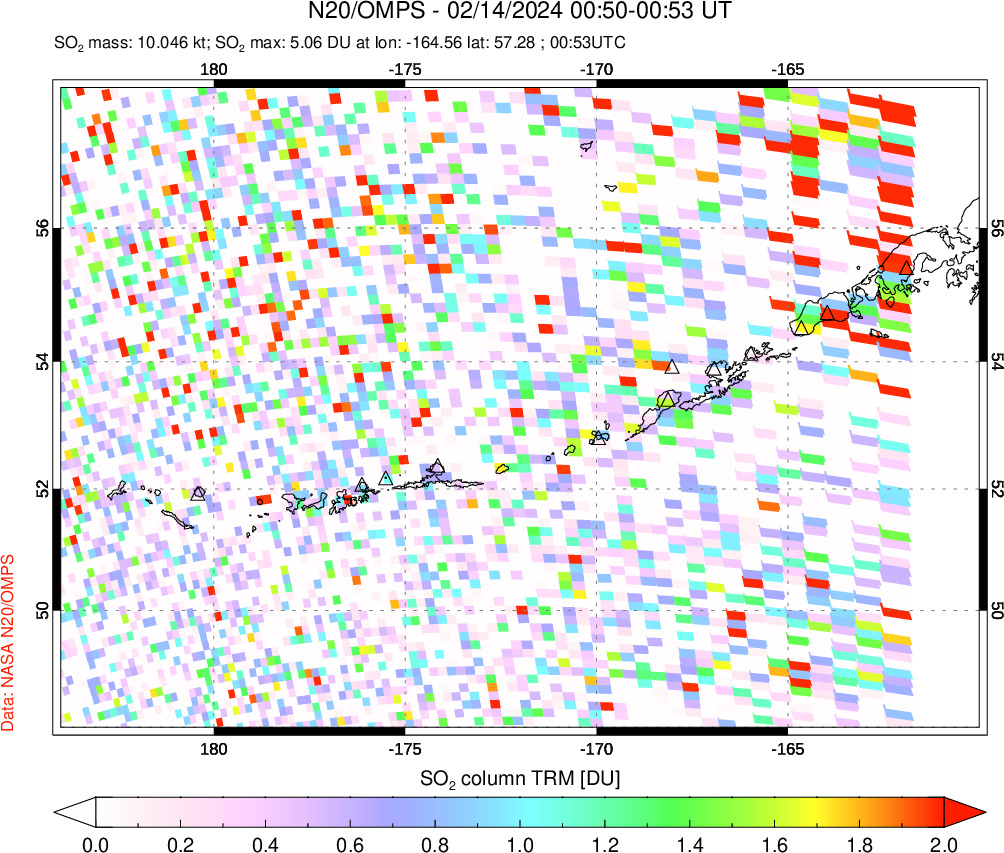 A sulfur dioxide image over Aleutian Islands, Alaska, USA on Feb 14, 2024.