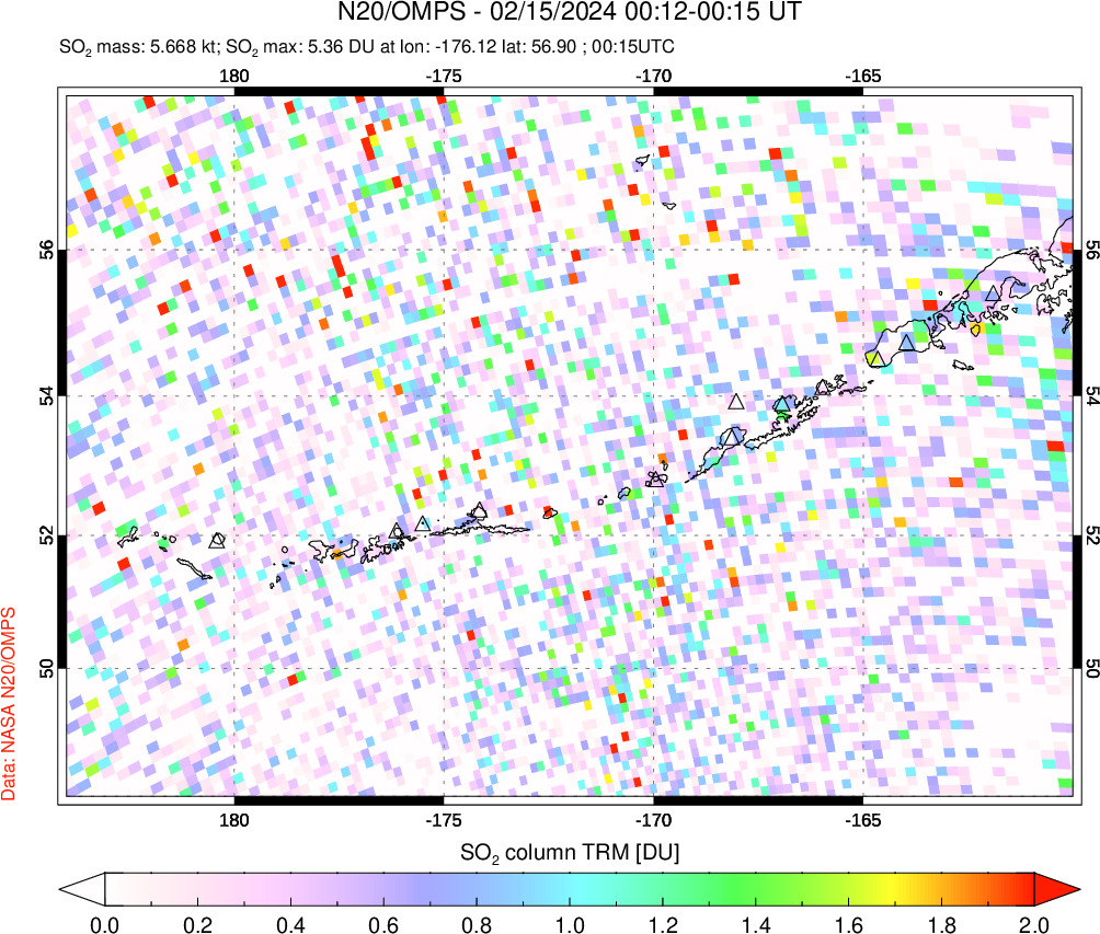 A sulfur dioxide image over Aleutian Islands, Alaska, USA on Feb 15, 2024.