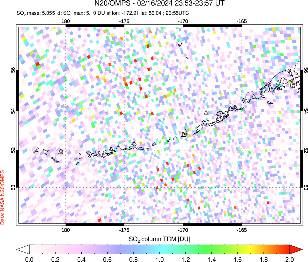 A sulfur dioxide image over Aleutian Islands, Alaska, USA on Feb 16, 2024.