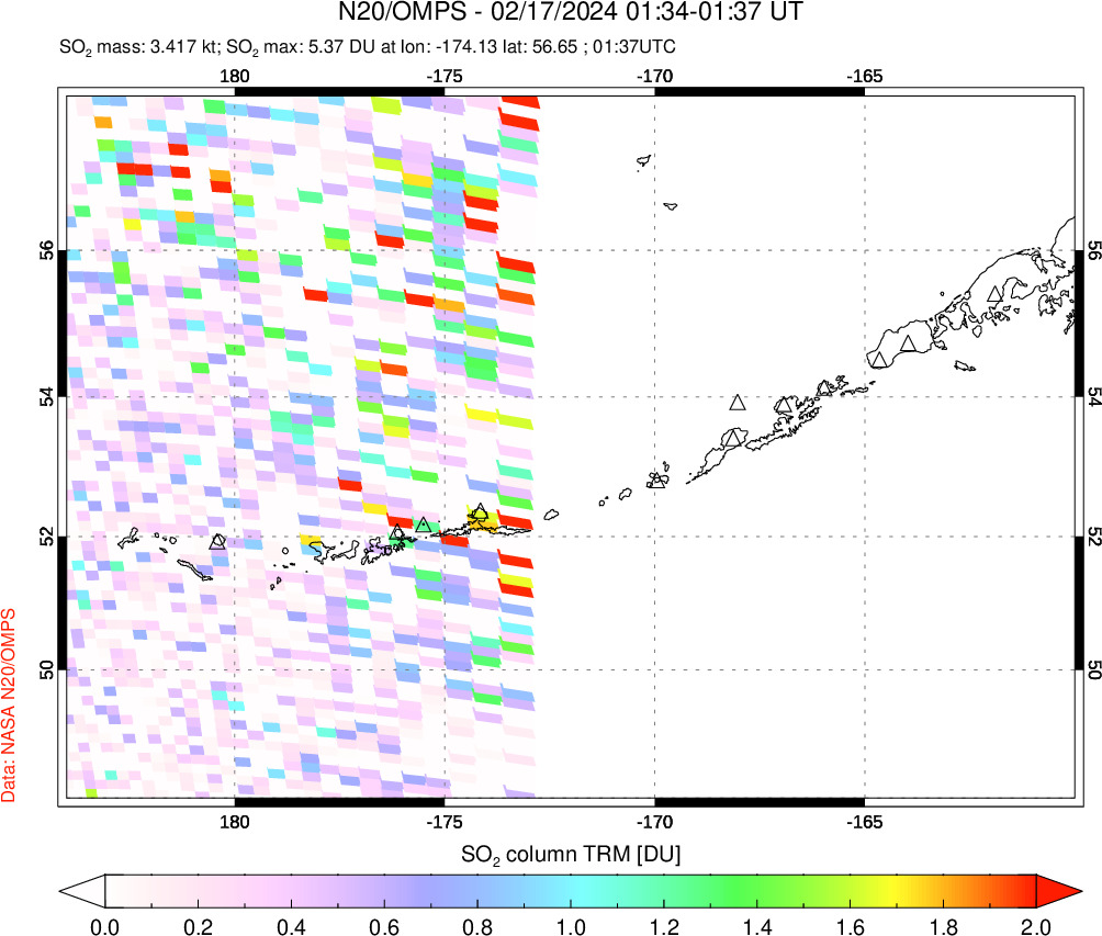 A sulfur dioxide image over Aleutian Islands, Alaska, USA on Feb 17, 2024.