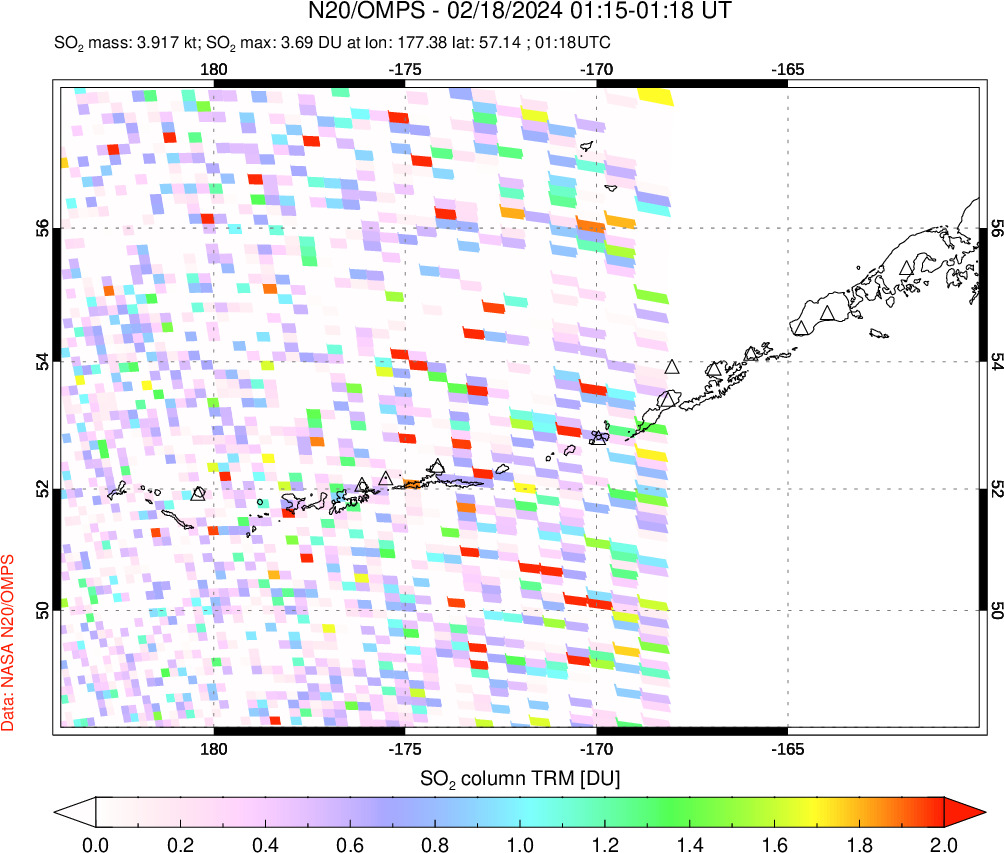 A sulfur dioxide image over Aleutian Islands, Alaska, USA on Feb 18, 2024.