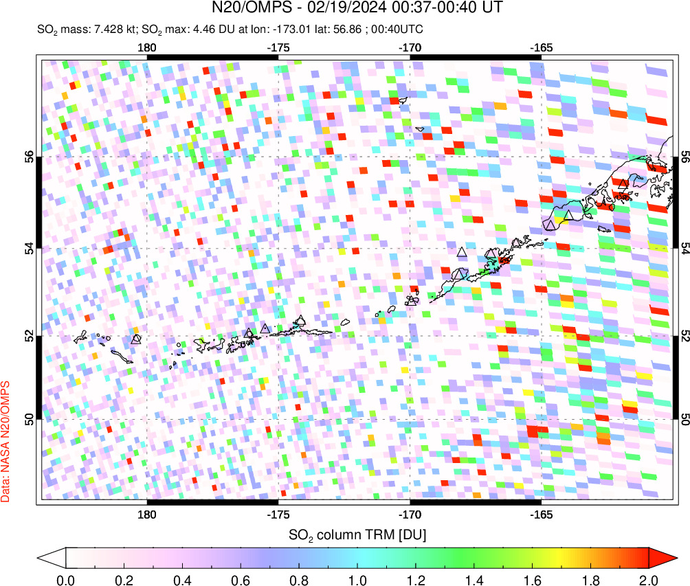 A sulfur dioxide image over Aleutian Islands, Alaska, USA on Feb 19, 2024.