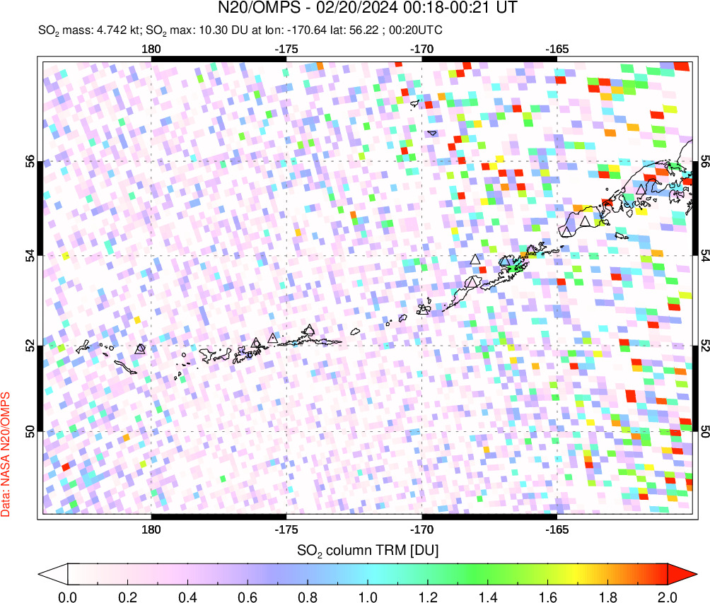 A sulfur dioxide image over Aleutian Islands, Alaska, USA on Feb 20, 2024.