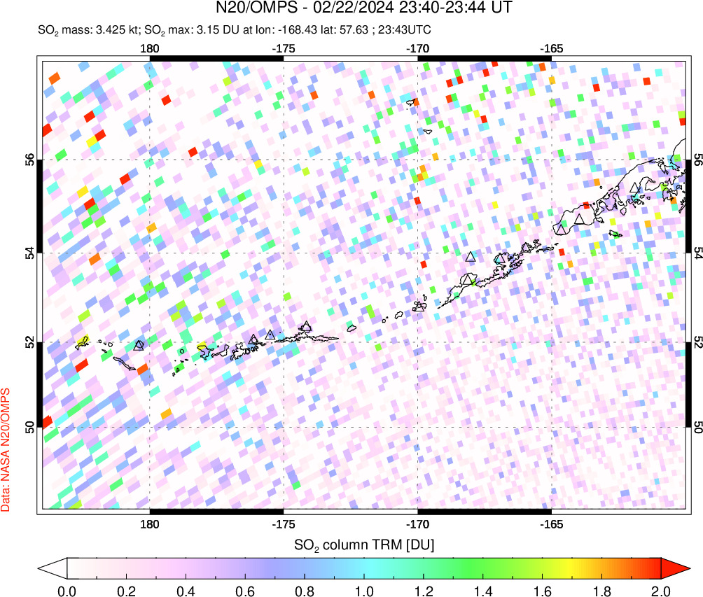 A sulfur dioxide image over Aleutian Islands, Alaska, USA on Feb 22, 2024.