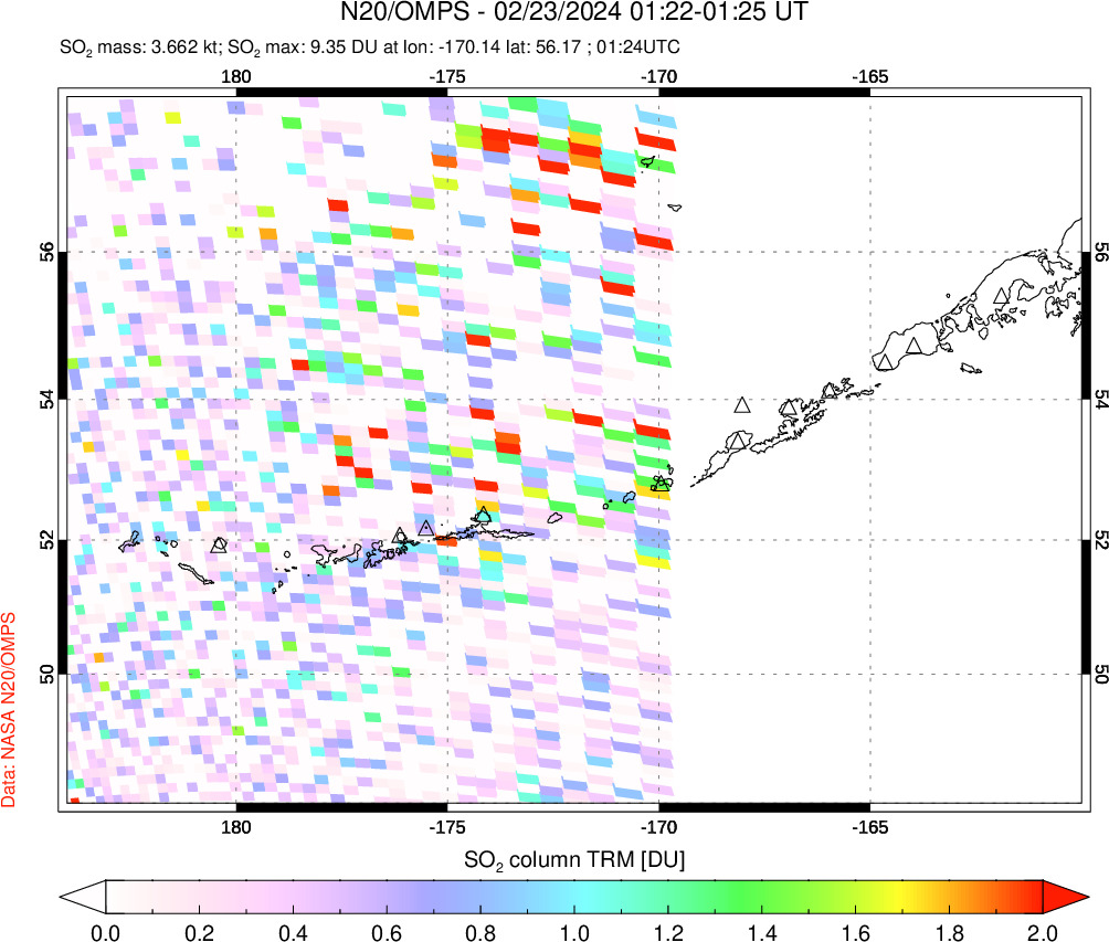 A sulfur dioxide image over Aleutian Islands, Alaska, USA on Feb 23, 2024.