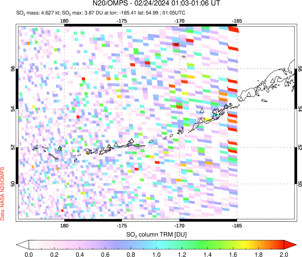 A sulfur dioxide image over Aleutian Islands, Alaska, USA on Feb 24, 2024.