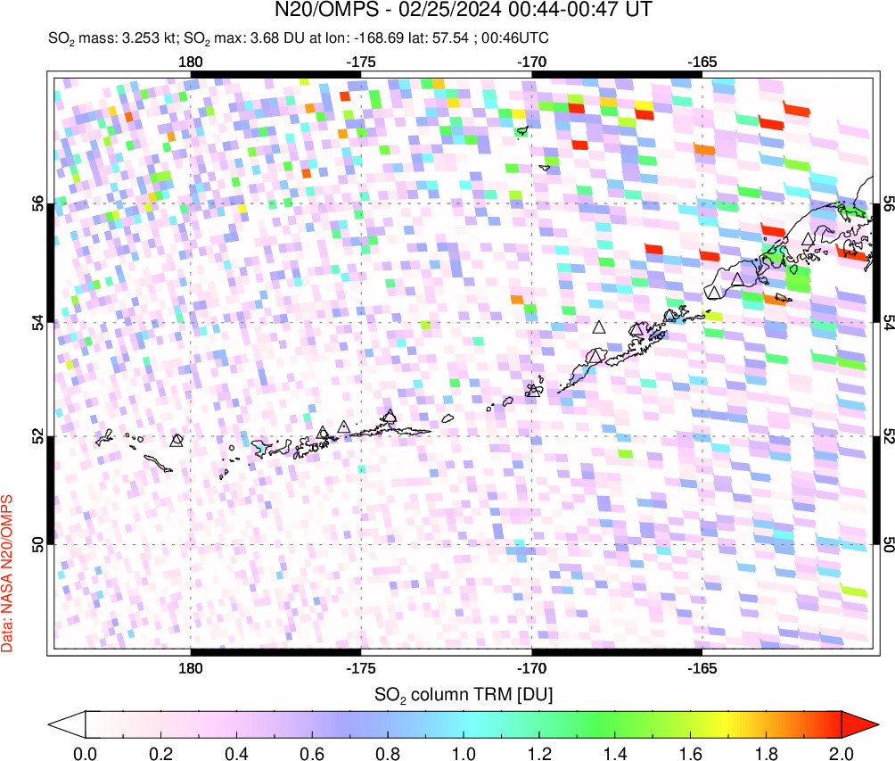 A sulfur dioxide image over Aleutian Islands, Alaska, USA on Feb 25, 2024.