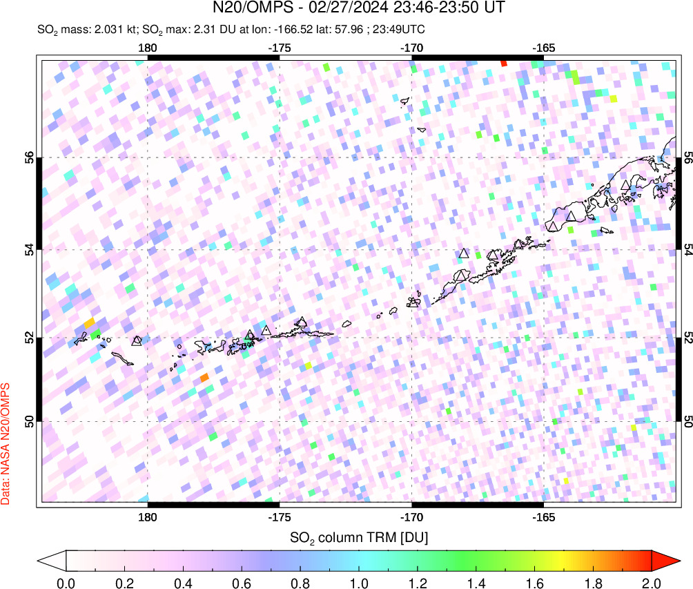 A sulfur dioxide image over Aleutian Islands, Alaska, USA on Feb 27, 2024.