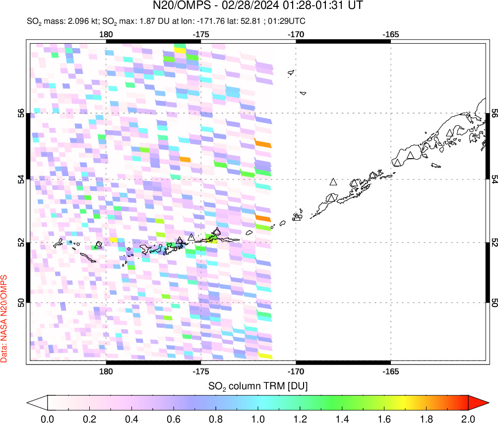 A sulfur dioxide image over Aleutian Islands, Alaska, USA on Feb 28, 2024.