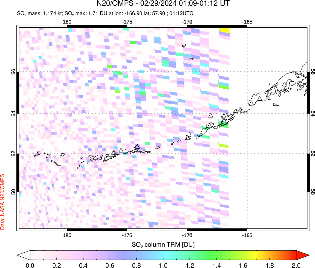 A sulfur dioxide image over Aleutian Islands, Alaska, USA on Feb 29, 2024.