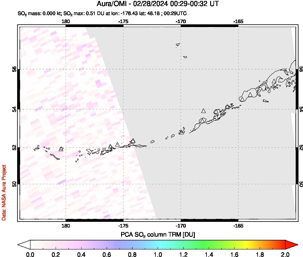 A sulfur dioxide image over Aleutian Islands, Alaska, USA on Feb 28, 2024.