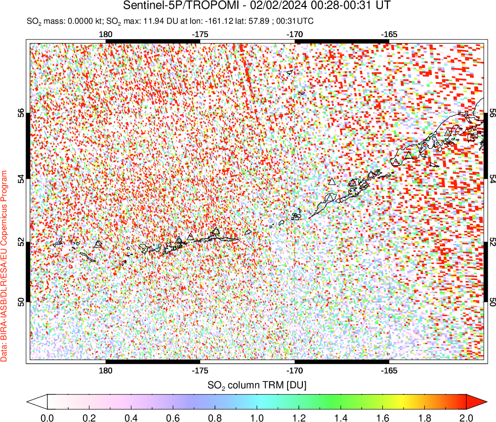 A sulfur dioxide image over Aleutian Islands, Alaska, USA on Feb 02, 2024.