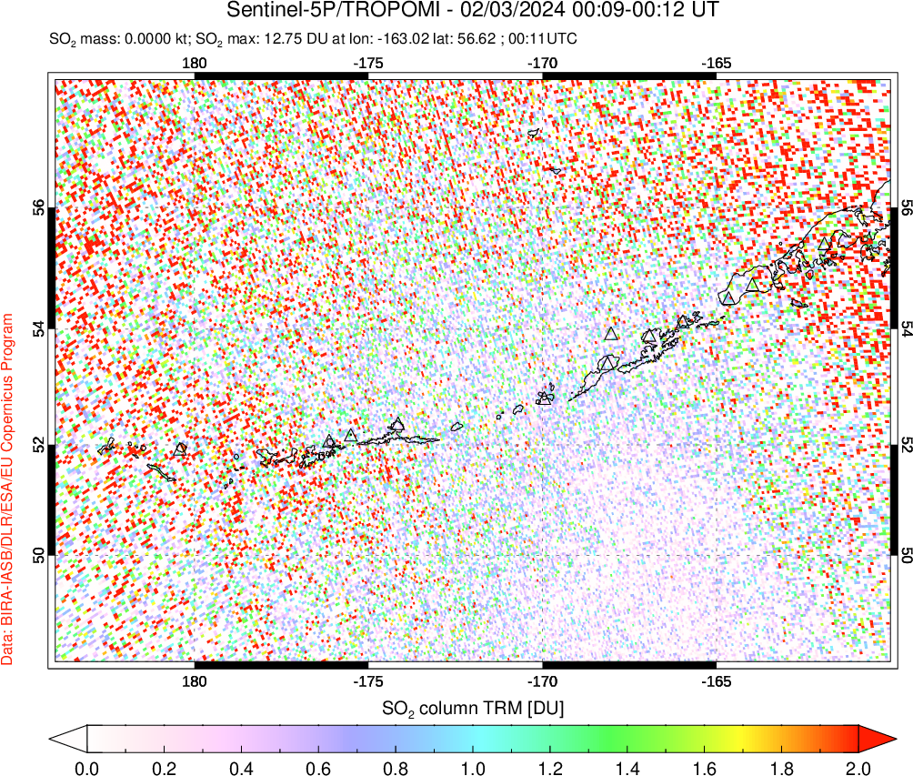 A sulfur dioxide image over Aleutian Islands, Alaska, USA on Feb 03, 2024.