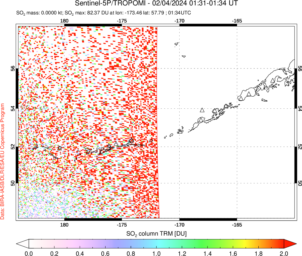 A sulfur dioxide image over Aleutian Islands, Alaska, USA on Feb 04, 2024.