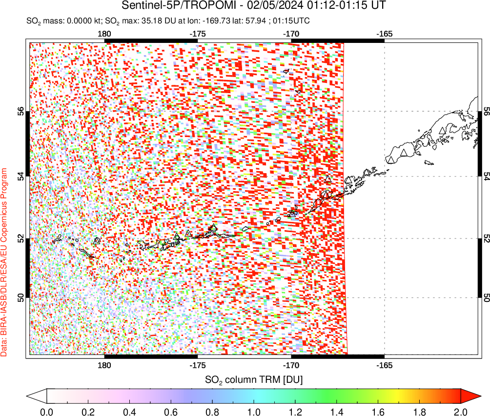 A sulfur dioxide image over Aleutian Islands, Alaska, USA on Feb 05, 2024.