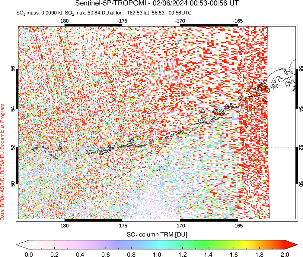 A sulfur dioxide image over Aleutian Islands, Alaska, USA on Feb 06, 2024.