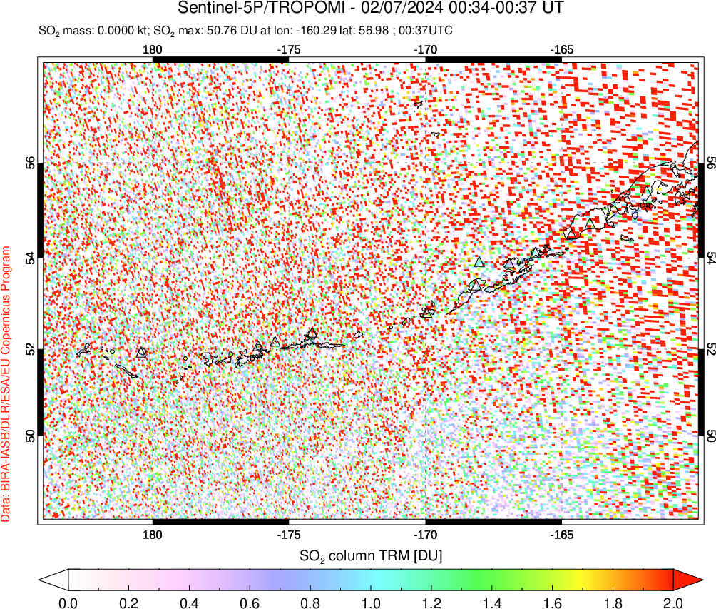 A sulfur dioxide image over Aleutian Islands, Alaska, USA on Feb 07, 2024.