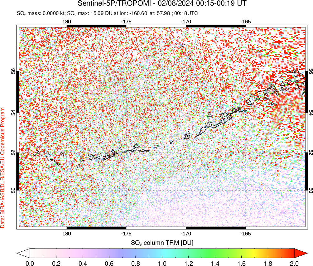 A sulfur dioxide image over Aleutian Islands, Alaska, USA on Feb 08, 2024.