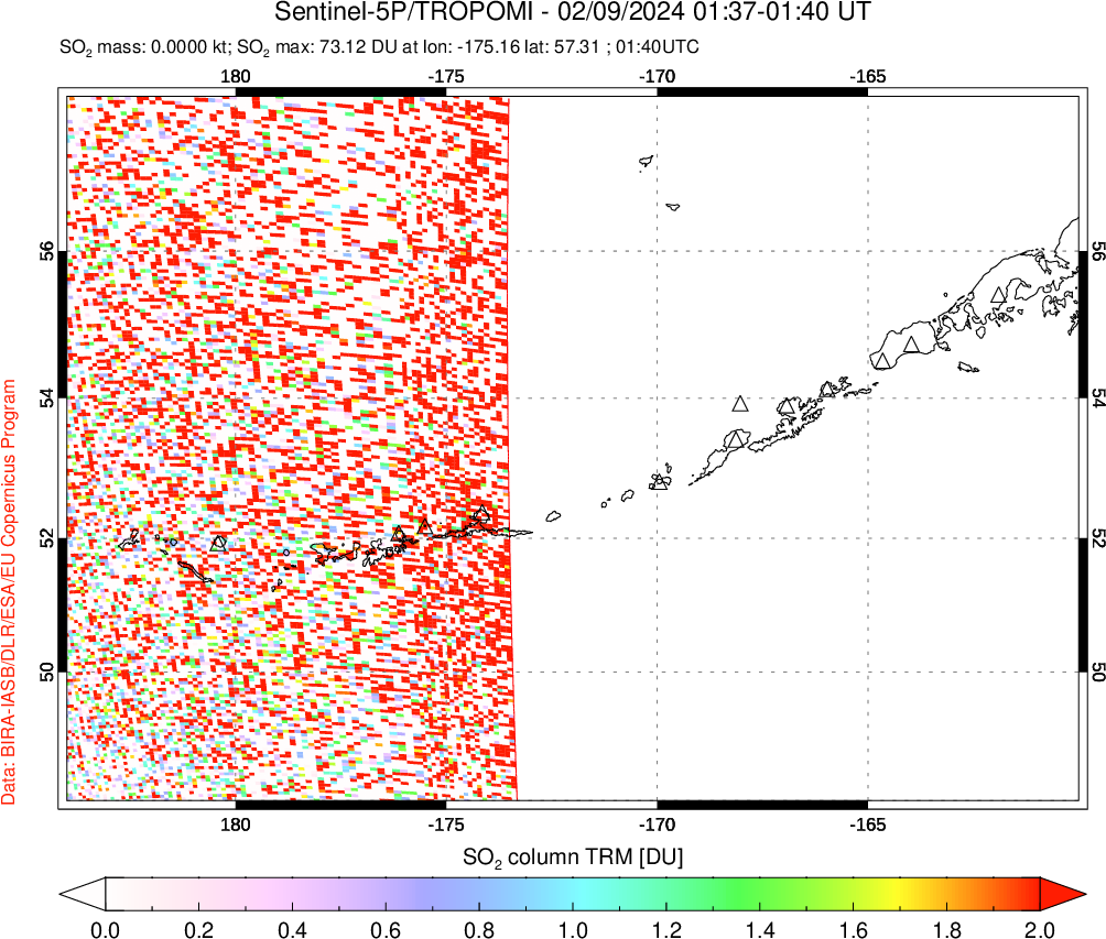 A sulfur dioxide image over Aleutian Islands, Alaska, USA on Feb 09, 2024.