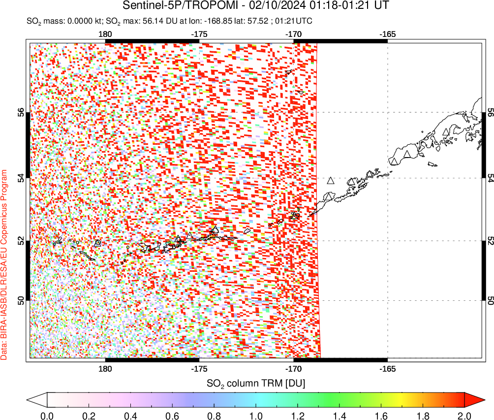 A sulfur dioxide image over Aleutian Islands, Alaska, USA on Feb 10, 2024.