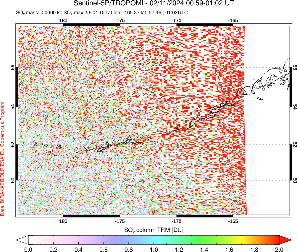 A sulfur dioxide image over Aleutian Islands, Alaska, USA on Feb 11, 2024.